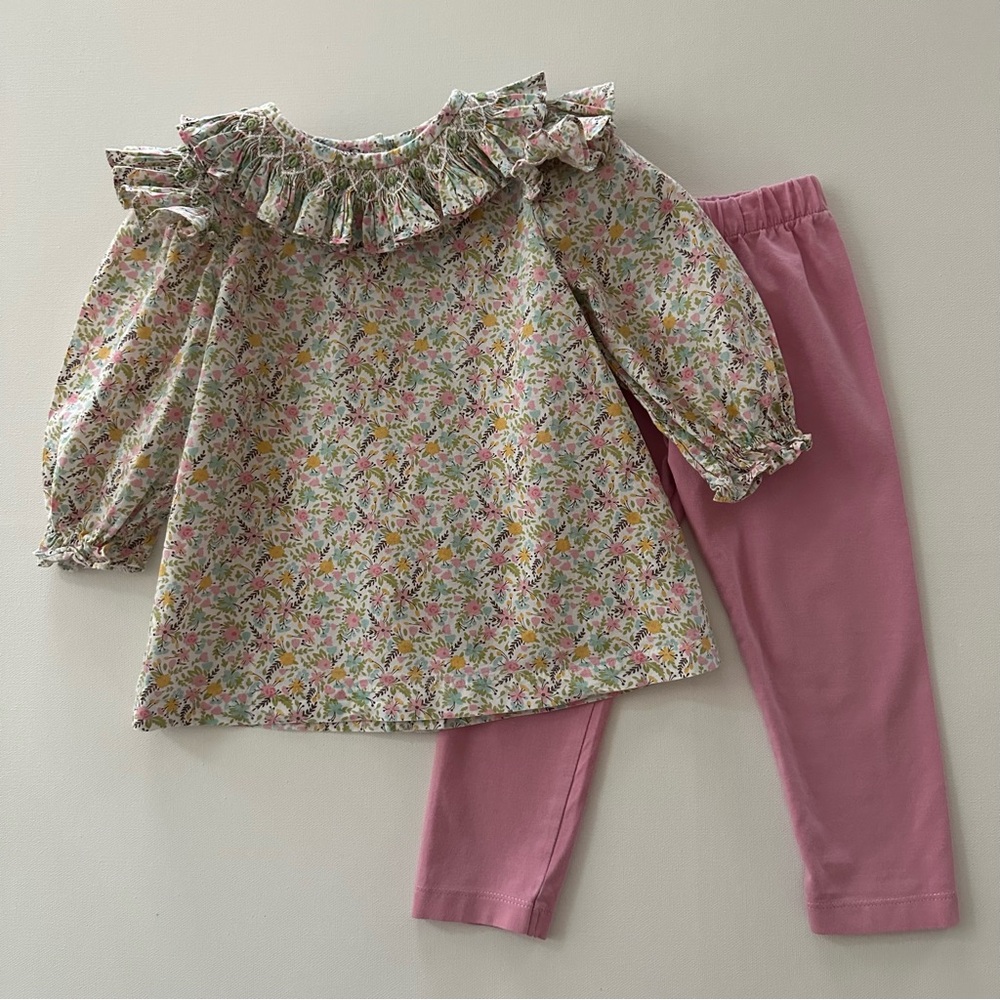 Stitchy Fish 24 Months Girl Floral Smocked Ruffle Top Pink Leggings Set Outfit